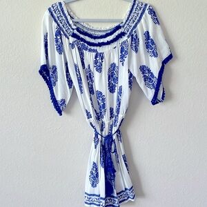 NWOT Original Piece beautiful white/ blue dress size S can be M stretchy,